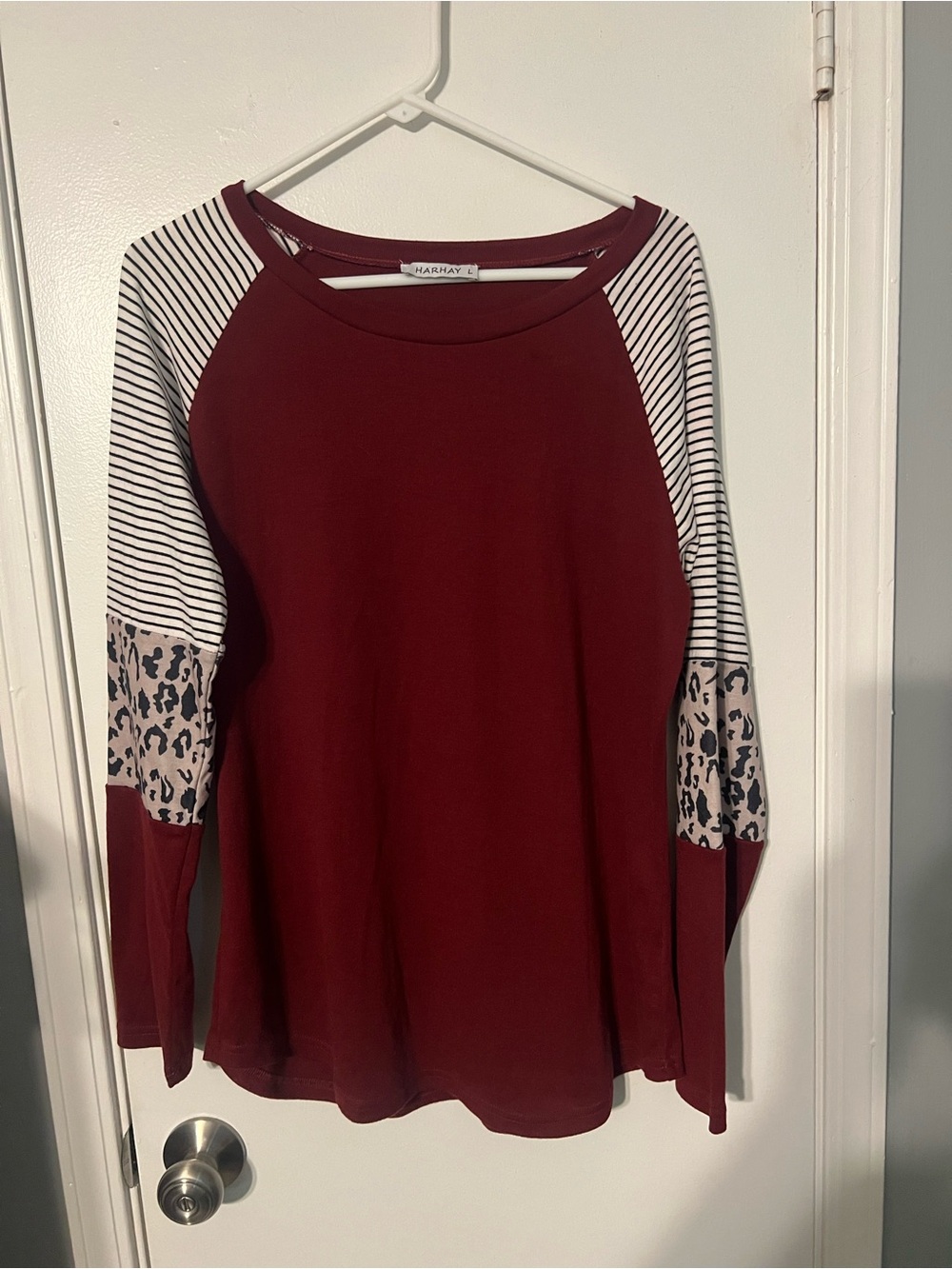 Burgundy Long Sleeve Raglan Top with Striped Sleeves & Leopard Elbows